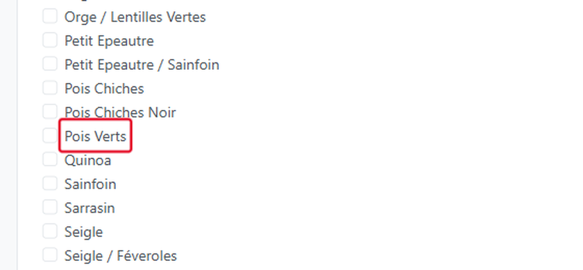 Cochez chaque produit couvert par le certificat (ici Pois Verts)