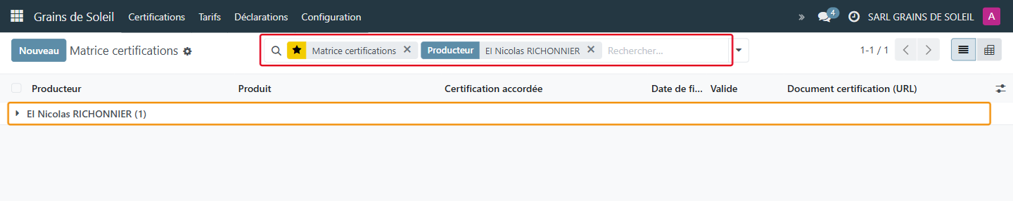 Le producteur a maintenant une ligne de certification dans la matrice