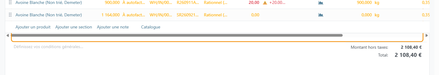 Chaque ligne est une réception : produit, poids net en kg et prix