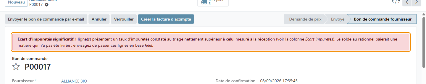 Le bandeau rouge signale un lot plus sale au triage qu'à la réception