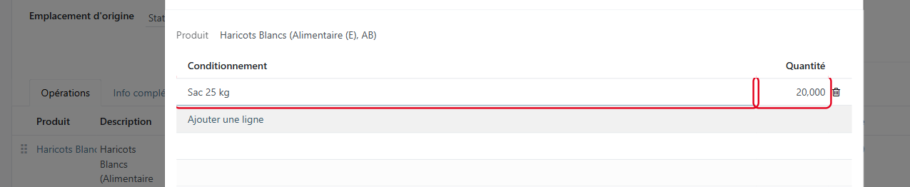 Saisissez le nombre d'emballages livrés