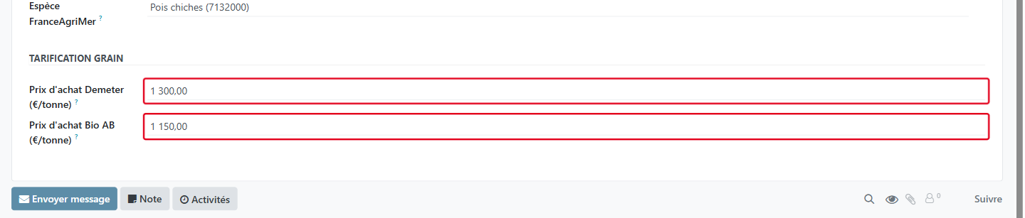Saisissez le prix d'achat AB à la tonne (ici 1150 €)