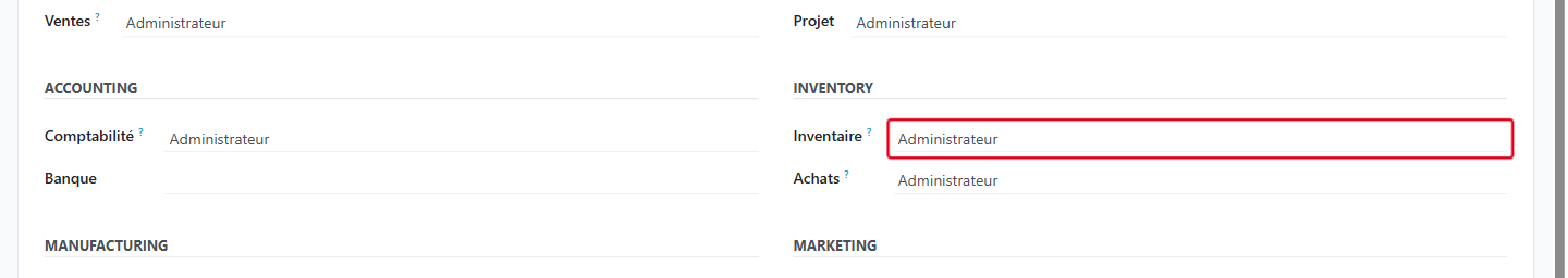 Pour Inventaire, choisissez Administrateur
