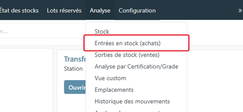 Choisissez Entrées en stock (achats)