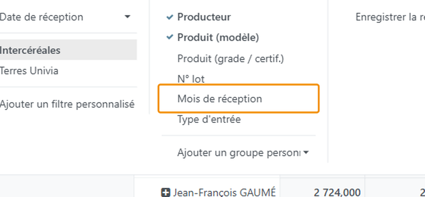 La colonne Grouper par propose Producteur, N° lot, Mois de réception…