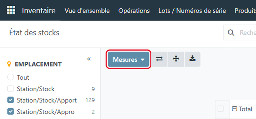 Cliquez sur Mesures pour afficher ou masquer une colonne de mesure