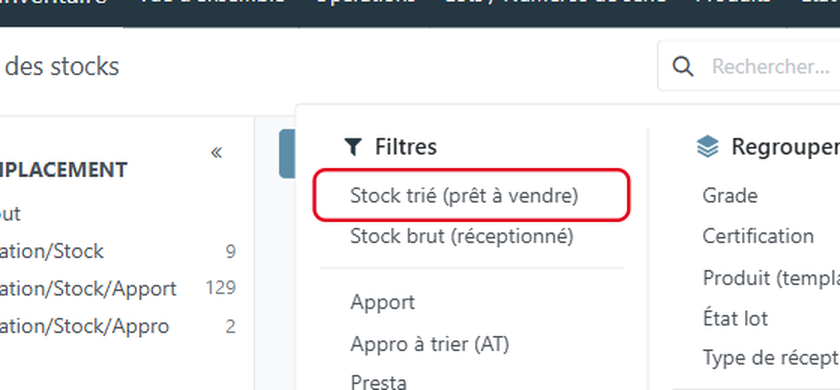 Cliquez sur Stock trié (prêt à vendre) pour ne garder que le grain trié