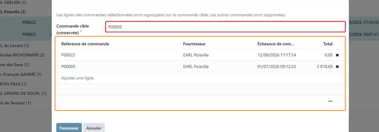 Contrôlez la liste des commandes qui seront fusionnées