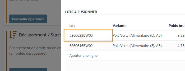 Les lots choisis s'affichent avec leur poids et leur état