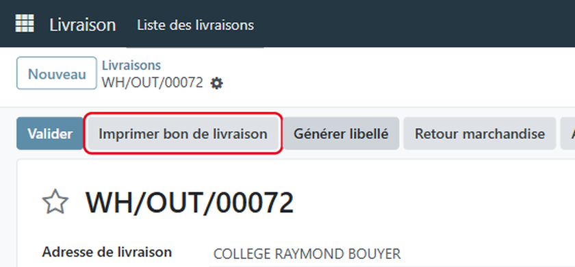 Cliquez sur Imprimer bon de livraison : le bon s'ouvre en PDF