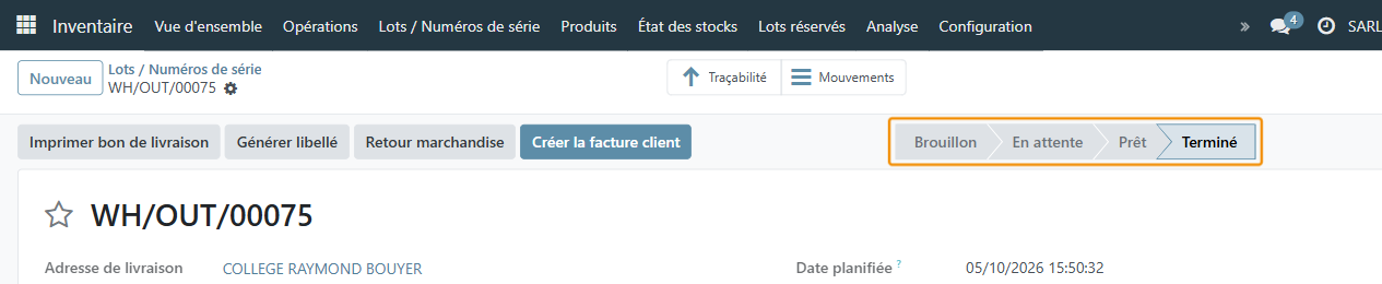 Le bon passe au statut Terminé : les lots sont sortis du stock