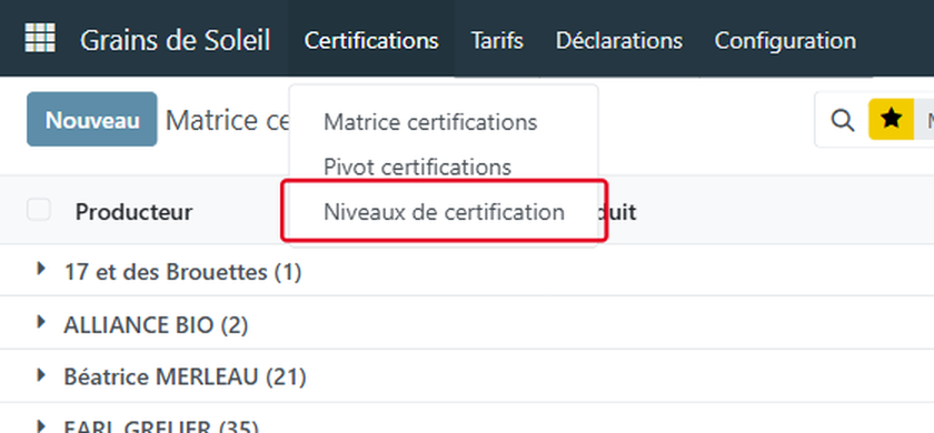 Choisissez Niveaux de certification