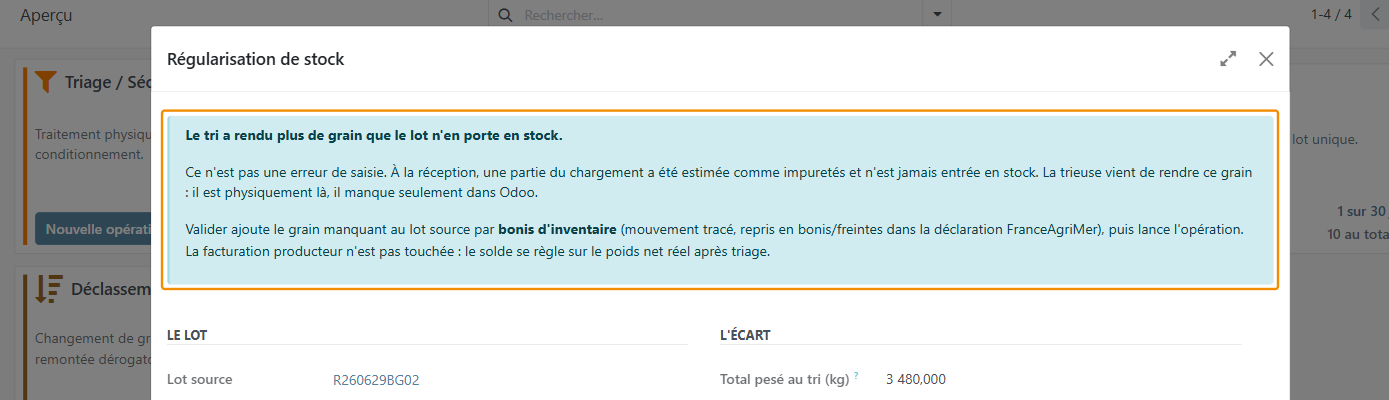 La fenêtre Régularisation de stock s'ouvre : ce n'est pas une erreur de saisie