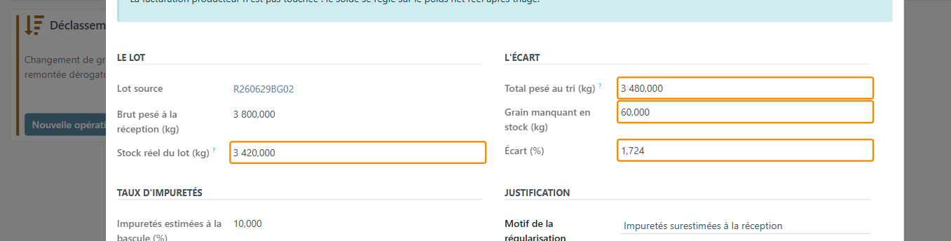 Comparez le stock réel du lot et le total pesé au tri : l'écart s'affiche en kg et en %