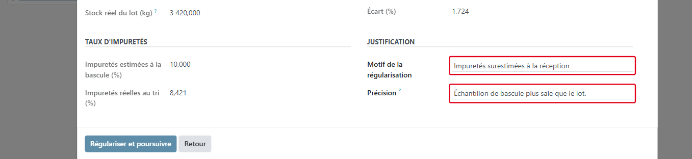 Saisissez une précision (obligatoire avec le motif Autre)