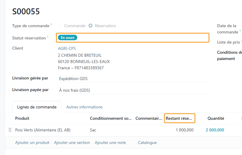 La colonne Restant réservé indique ce qui reste à commander (ici 1800 kg)