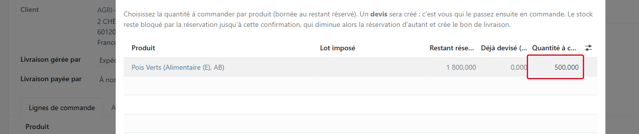 Saisissez la Quantité à commander (ici 500 kg)