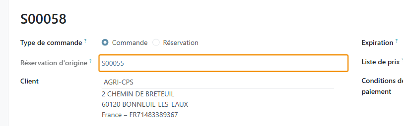 Le devis s'ouvre, relié à sa Réservation d'origine (S00055)