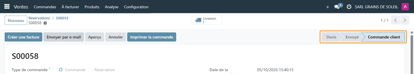 Le devis passe à l'état Commande client : le bon de livraison est créé