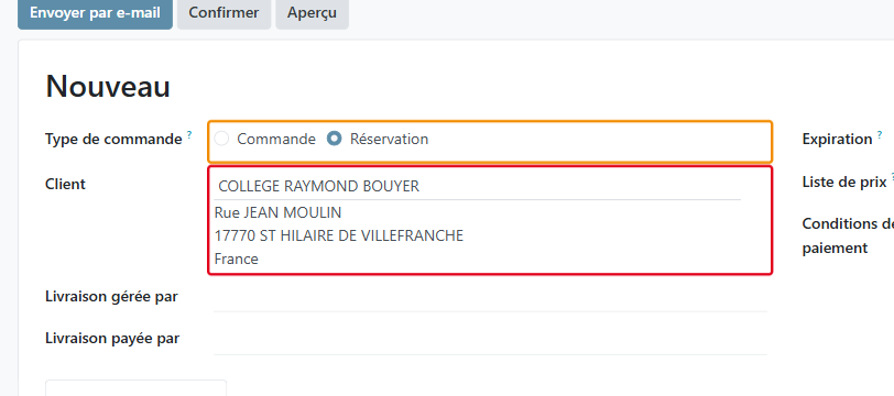 Le Type de commande est déjà sur Réservation