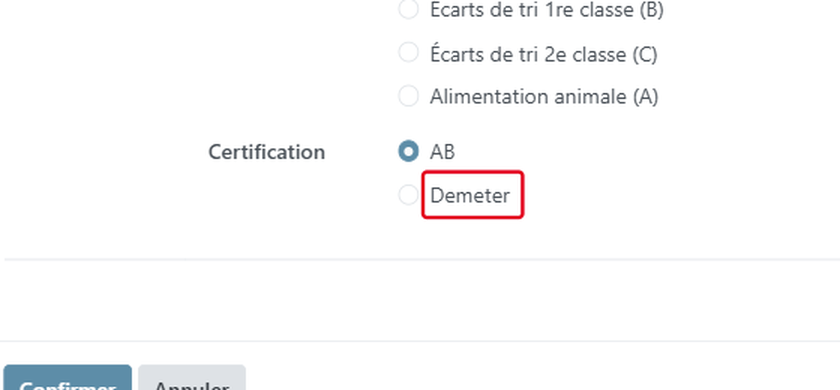 Cliquez sur la certification (ici Demeter)