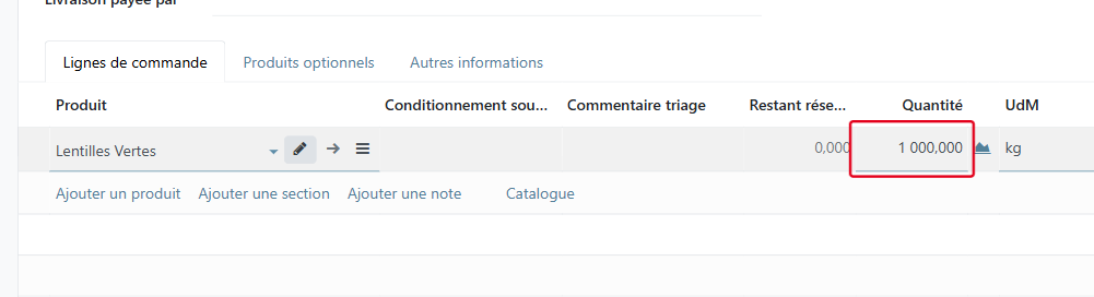 Saisissez la quantité à réserver en kg