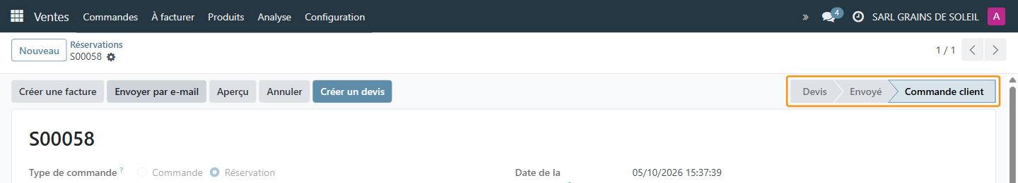 La réservation passe à l'état Commande client