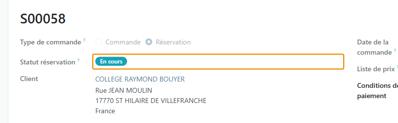 Le Statut réservation indique En cours