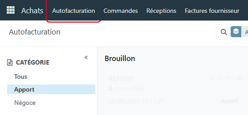 Cliquez sur Autofacturation dans la barre du haut