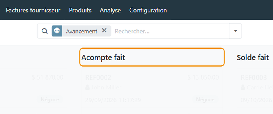 Les commandes sont rangées en Brouillon, Acompte fait et Solde fait