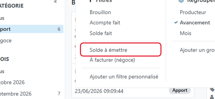 Cliquez sur le filtre Solde à émettre
